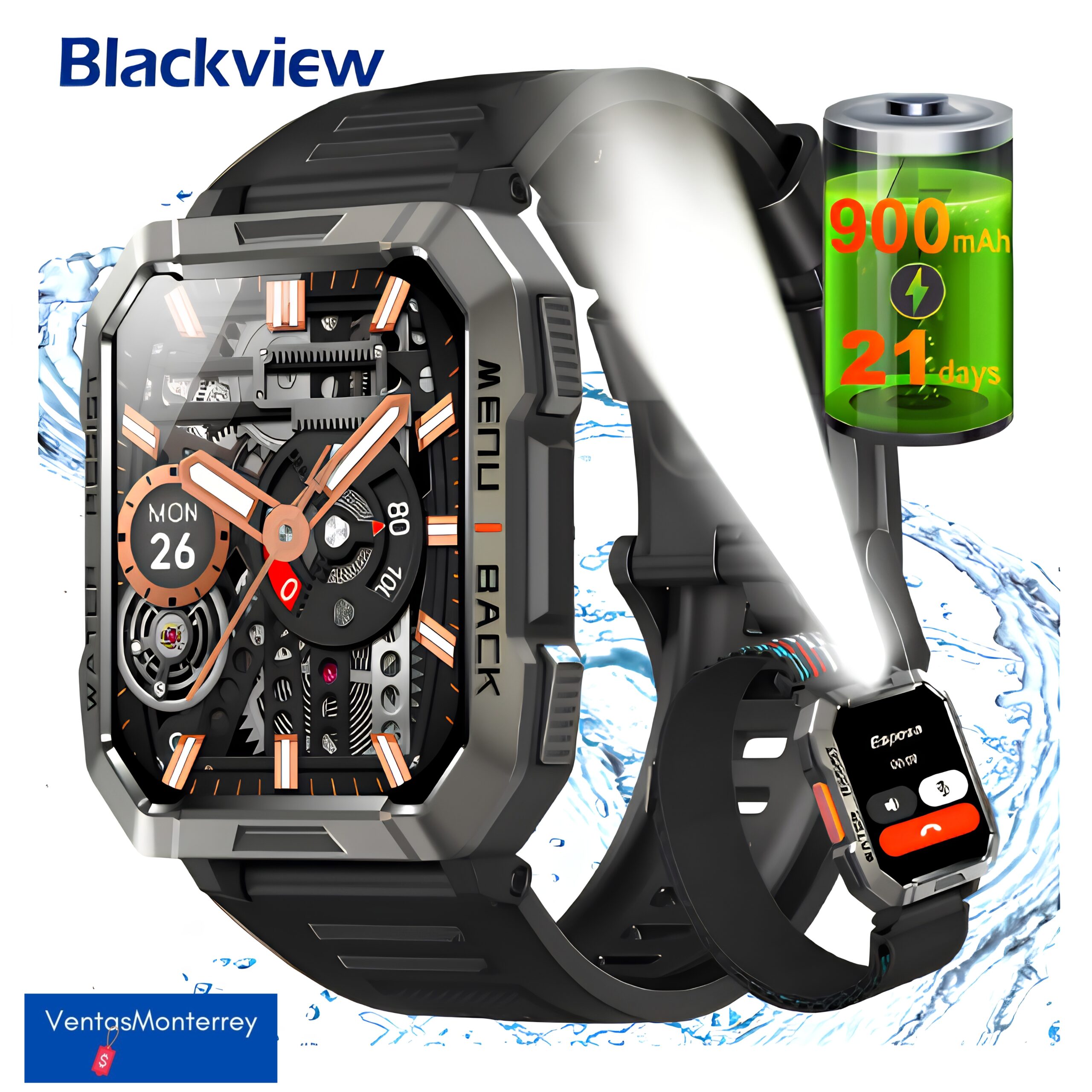 black-1 Smartwatch Blackview W60 Militar Hombre 2.1” Bluetooth IP68 900mAh Linterna Brújula - Imagen 1