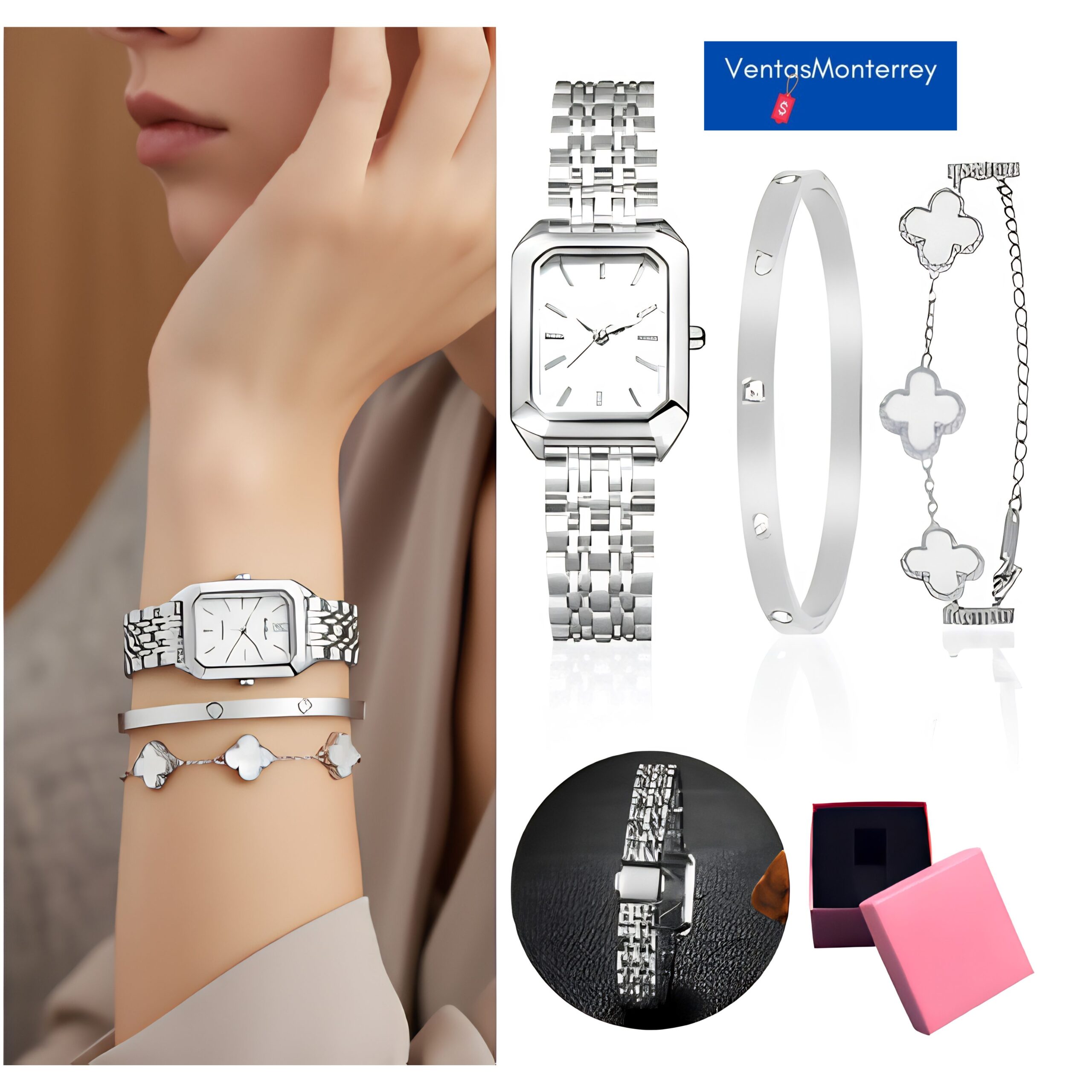 dama3 (1) Set 3 Piezas para Mujer Reloj Cuarzo Pulsera y Pulsera de Trébol - Imagen 1